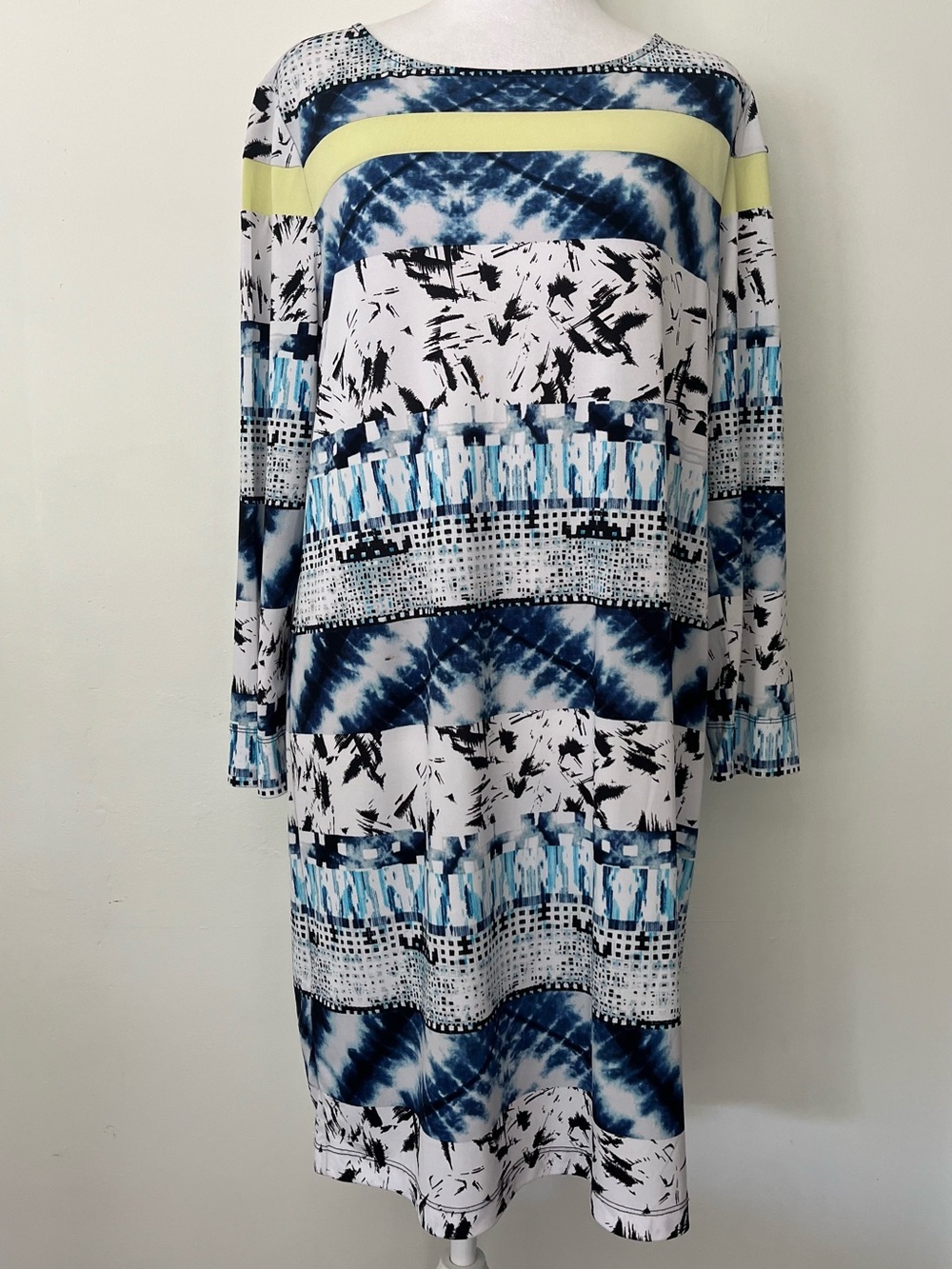 BCBG Azria  Patterned Long Sleeve Shift Dress with Yellow Accent